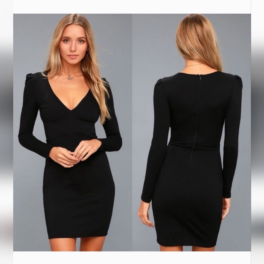 LULU'S Haute In Here Long Sleeve Deep V Mini Dress Black Size Small